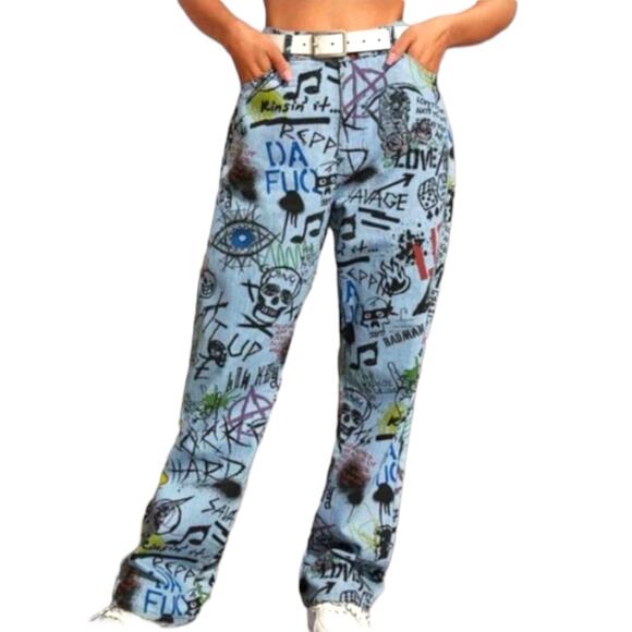 Shein Graffiti Baggy Jeans NWOT - Picture 1 of 10